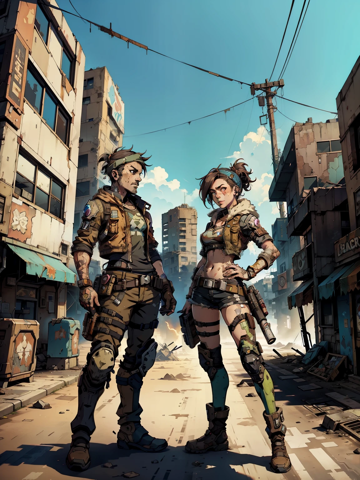 a couple of people standing next to each other in front of a building, borderlands 3 style, borderlands art style, post - apocalyptic warriors, kawacy, postapocalyptic style, borderlands style, disco elysium style!!!, artgerm craig mullins, shadowrun character art, post - apocalyptic style, post apocalyptic, postapocalyptic world, postapocalyptic