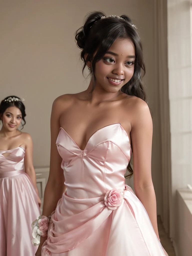 A Indian girl, black ponytail, (black skin:1.4), BREAK, baby face, standing, (satin princess dress, pink wedding dress:1.4), BREAK, (wedd00ing:1.2), (tiny tits, tt_flat), ((shooting from side)), armpit, smiling,+ bedroom, 