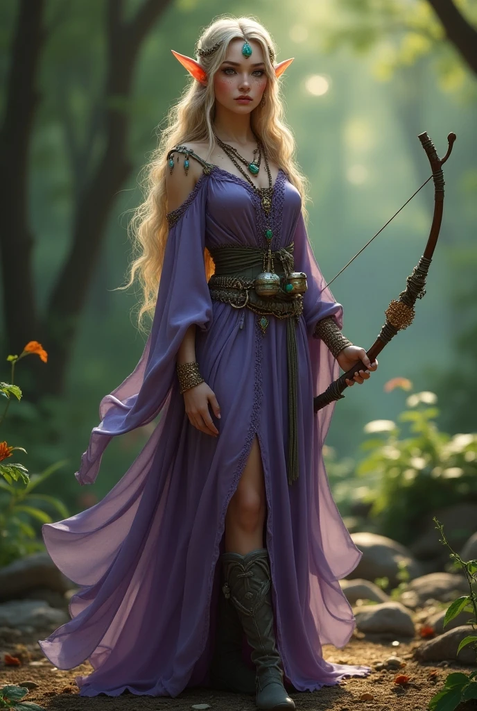  Female elf long wavy hair  ,taches des rousseurs , purple and green dress ,A stone necklace on the forehead ,  a necklace flask around her neck ,Boots and a bow  