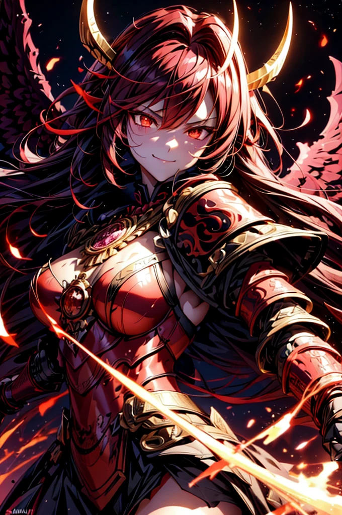 best quality,4K,high resolution),Ultra-detailed,realistic,portrait, Lila Samurai Sukkubus ,with horns on the head ,with black wings.  with a katana dark red hair, a purple-dark red armor with gold neon lights with gold trim and glowing red eyes,  bright colors, delicate features, seductive glance, Charming smile, flowing hair,  soft lighting 