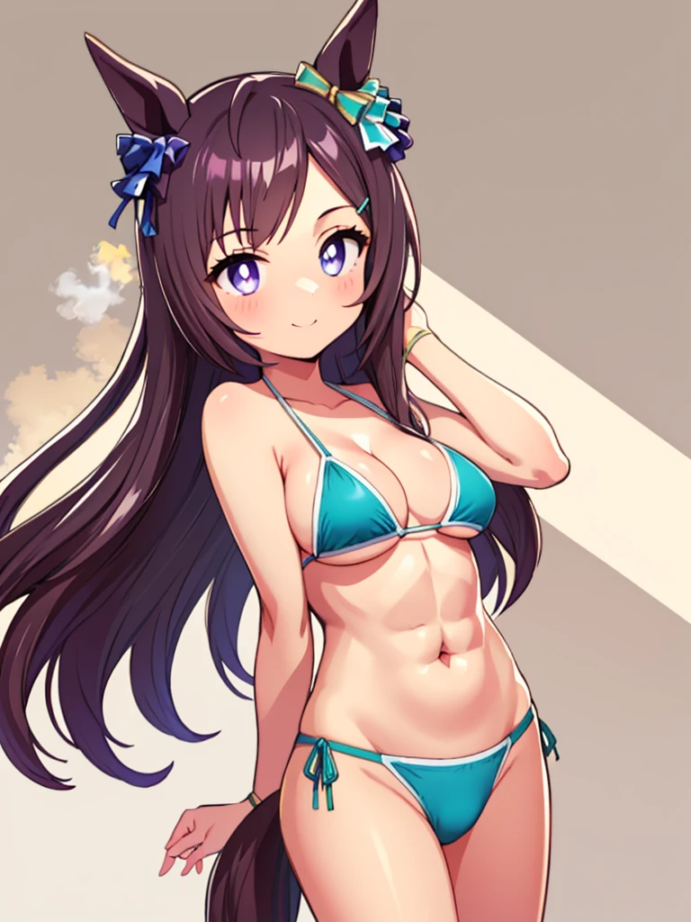 brown hair, Overwatch, D.VA, very long hair, Pink Headset, Dva Facepaint, hypnotic brown eyes, pupils sparkling, smirk, white background, Big Tits, thick thighs, eye-level with perspective, ((black bikini)), UHD, masterpiece, high details, high quality, best quality, highres, super close up, from below, from front, Looking at viewer,
