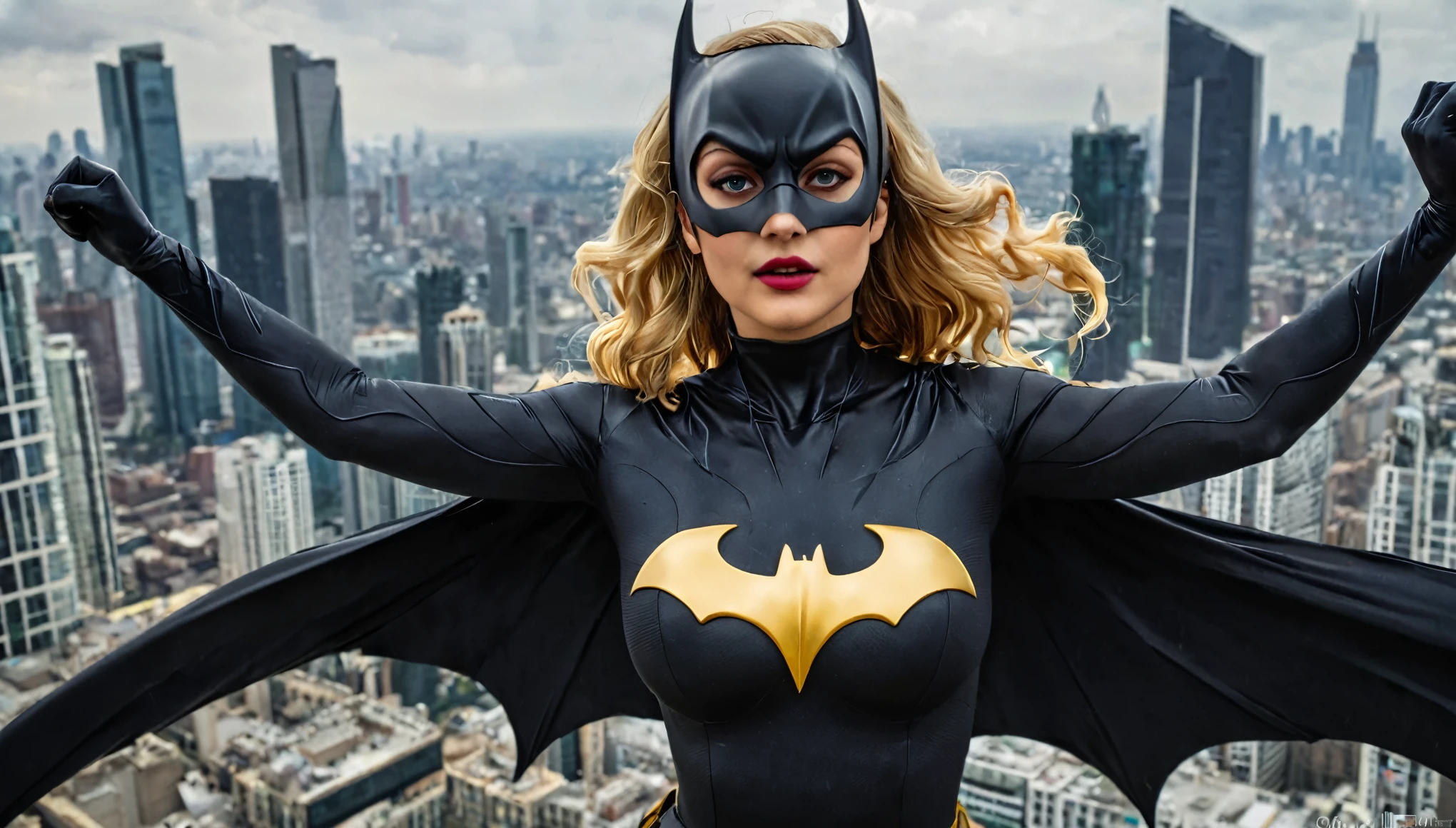 Batgirl is flying, Jennifer Lawrence as Batgirl, with the golden Batman shield in the center of her chest, and her beautiful breasts showing through the generous cleavage. She is wearing a black Batgirl mask with pointy ears on either side of her head. The mask is made of a matte black material. The woman has long flowing blonde hair styled in loose waves.
She is flying in front of a cityscape with tall buildings and skyscrapers in the background. Batgirl is flying in the center of the image, with her arms stretched out to the sides and her head tilted back.
She has a determined expression on her face and her eyes are focused on something in the distance. Her hair is floating. The overall mood of the scene is dramatic and powerful.