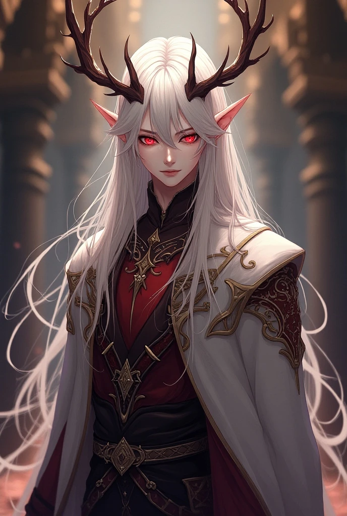 1guy, gorgeous crimson dragon male with masculine features, stunning long white hair, yukata, heterochromic eyes, white and red tetradic colors, perfect anatomy, seductive eyes, 8k resolution, (Single person), masterpiece, perfect face:1.2), intricate details, castle detailed background, 32k, covered navel, full lips, muscular guy, cinematic lighting,