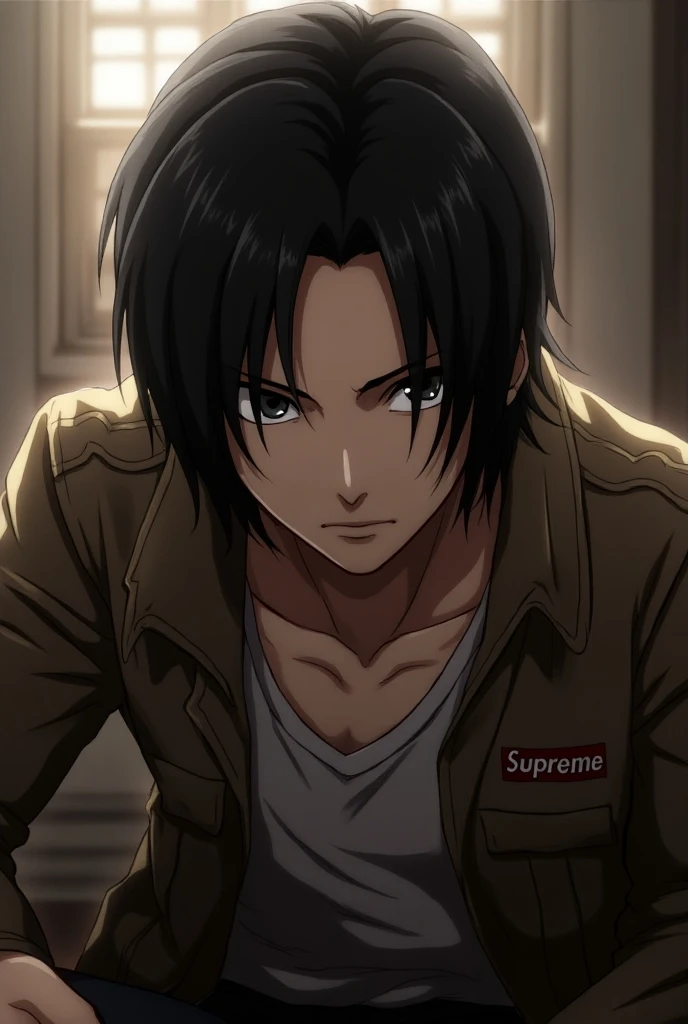 Eren Yeager with mid-long hair from the anime 'attack on titan' season 4 is wearing a stylish Supreme outfit and sitting with a cool pose