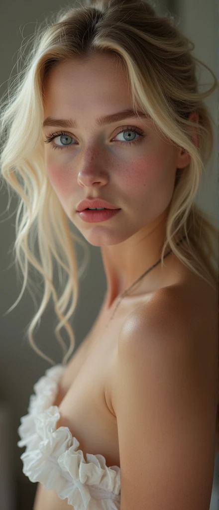 Jeune femme, cheveux blancs courts, rougir, Embarras, seins nus, anus visible