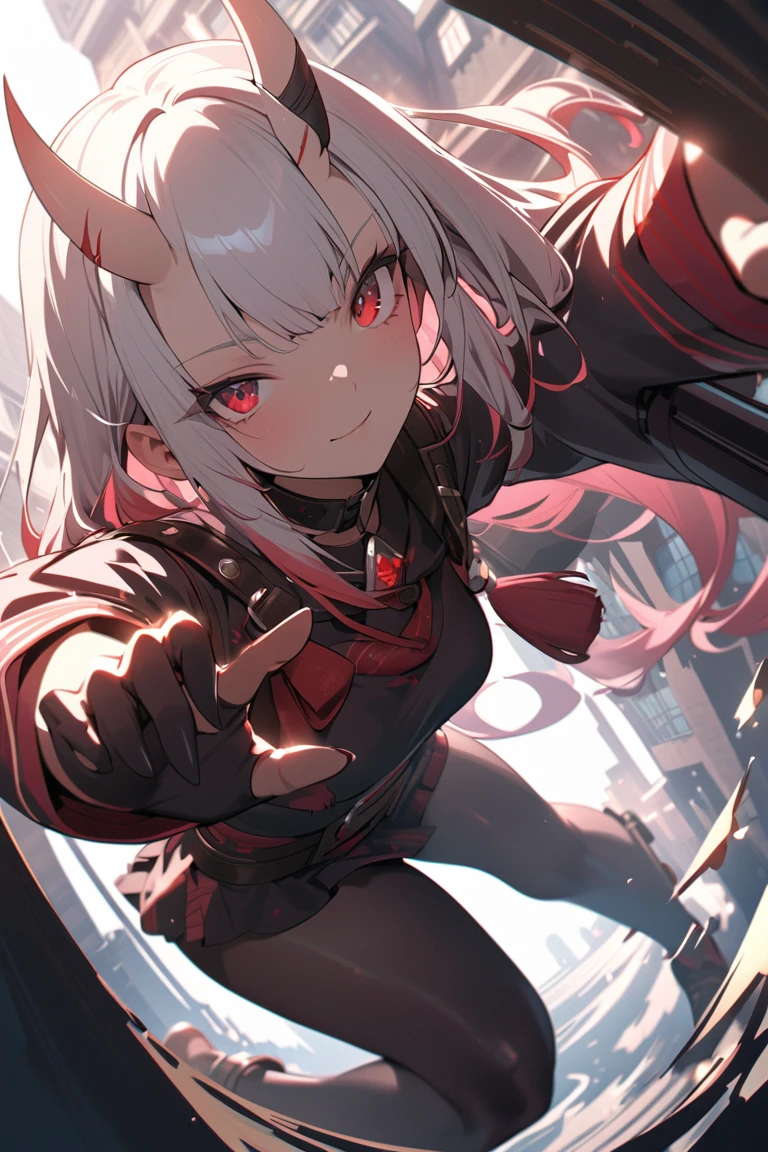 1girl, best quality, highly detailed, masterpiece, (((modern))), (modern outfit), ((hoodie)), (skirt), (solo), long white hair, red eyes, ((blunted bangs)), right eyepatch, (pointed ears), (smirk), smug, ((flat chested)), perfect white haired girl, white haired deity, ((night))