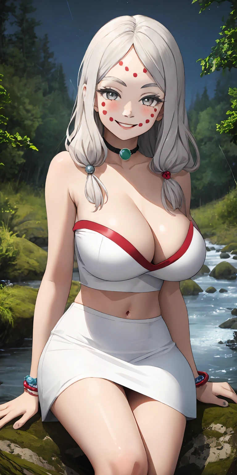 masterpiece, ultra high-quality, extremely detail 8k cg, high resolution, 1girl, mature female in hair, MTSpiderV4, white hair, hair ornaments, flower, facial markings, forehaed mark, pale skin, grey eyes, cleavage, jewelry, gigantic breasts, sagging breasts, collarbone, bracelet, choker, tube top, strapless, sleeveless, midriff, navel, tubeskirt, miniskirt, tight skirt, beautiful face, smile, night time, moonlight, outdoors, forest, river, rain, thunderstorm