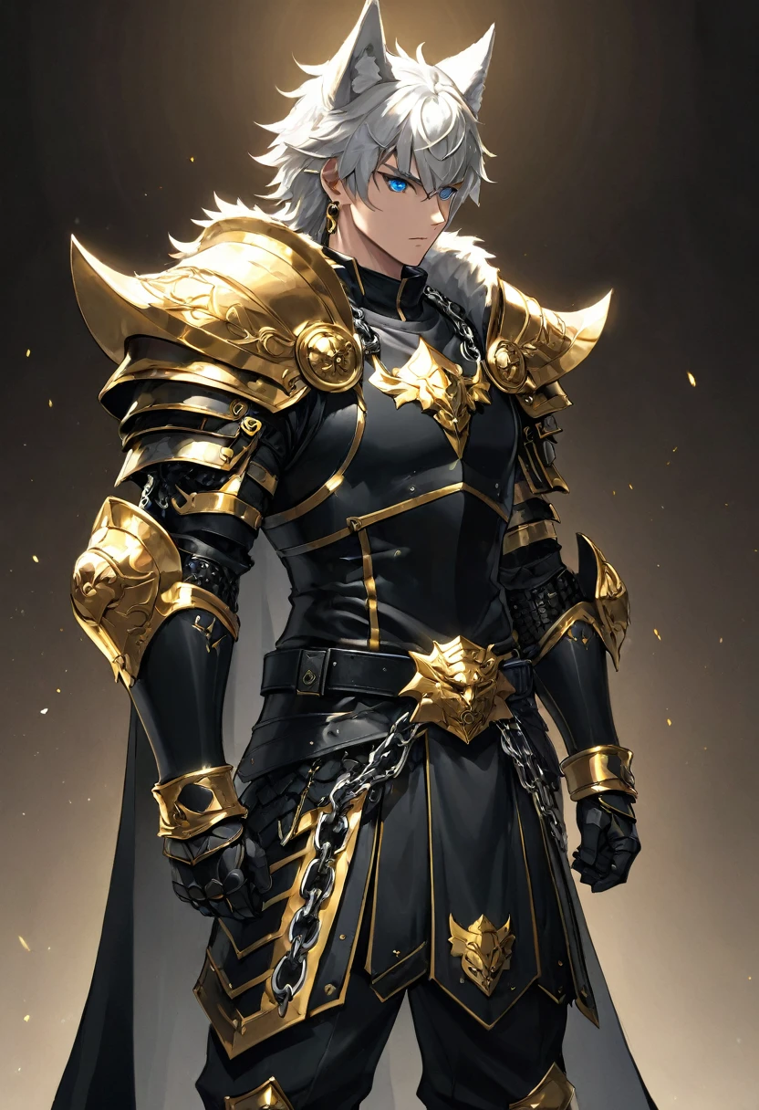 (Detailed Head), 1boy male ,  magic particles , anime face,  wolf ears , human white skin , cuerpo completo, black boots,  cinematic lighting , darkness,  group character , golden ornaments, chains, earrings,  old warrior ,  shiny obsidian armor and details on the golden edges , Black belt, Scars, focused, fondo magical estilo egipcia recién construido, strong,  ready for battle , magical,  men's,  warrior posture , muscular, delgado, blue eyes, standing, ancient warrior,  a lot of body hair , big hands,(medieval)  black sword and golden edge , (( Anime character design )), (( Dramatic studio lighting )), ((Fine lines )), (( Stunning character focus )), ((highly detailed)), ((stunning graphics)), ((Detailed strokes)), ((atmospheric)), ((blurred background)), (( Ultra-fine 2D design )), (( Creative scenery )), ((highly detailed anime painting)), ((best quality 2D strokes)), ((best quality)), ((sharp focus)), (( High-octane rendering )), (( 8K anime style )), ((full body))