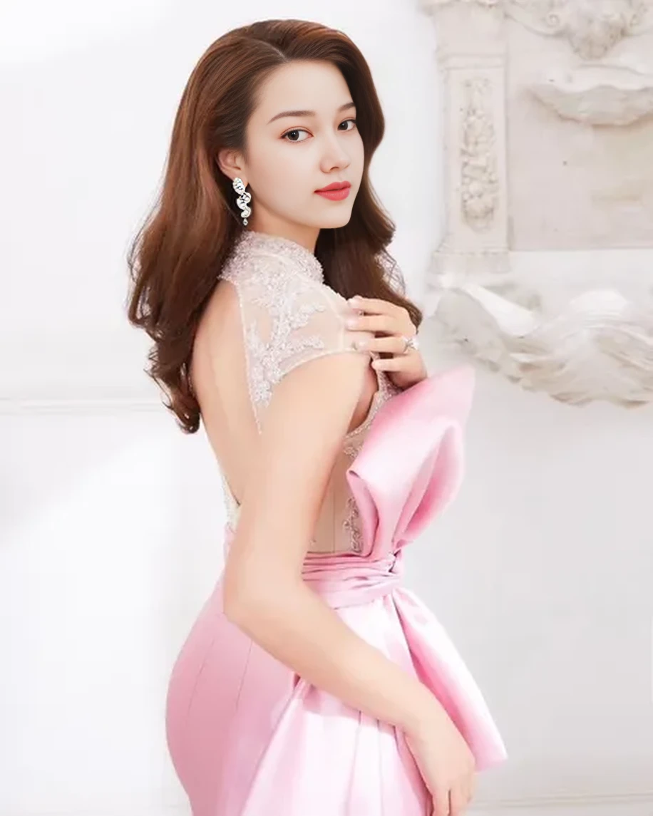 21yo girl, pink background, beautiful dress