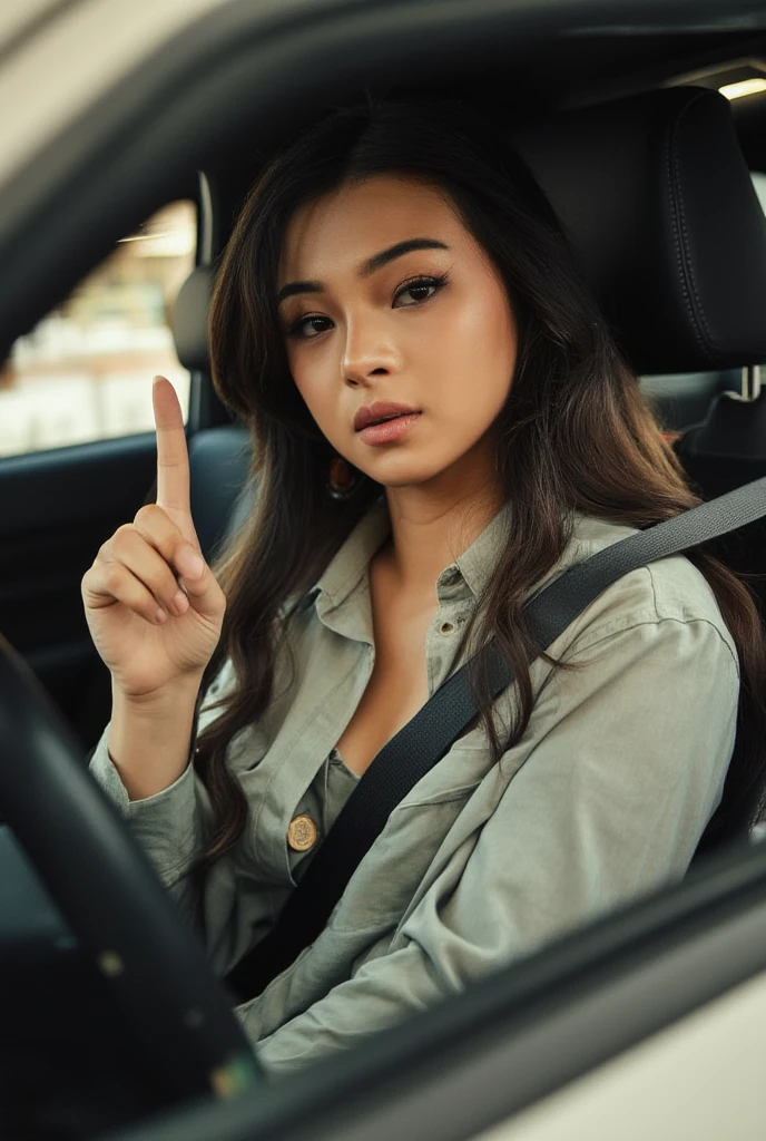 there is a woman sitting in the driver seat of a car, a picture by Basuki Abdullah, tumblr, realism, sitting in her car, driving, perfect expression, shot on nikon d 3 2 0 0, help me, giving the middle finger, leaked photo, semi realism, pretty girl, seductive expression, wearing in shirt, with index finger, pov photo