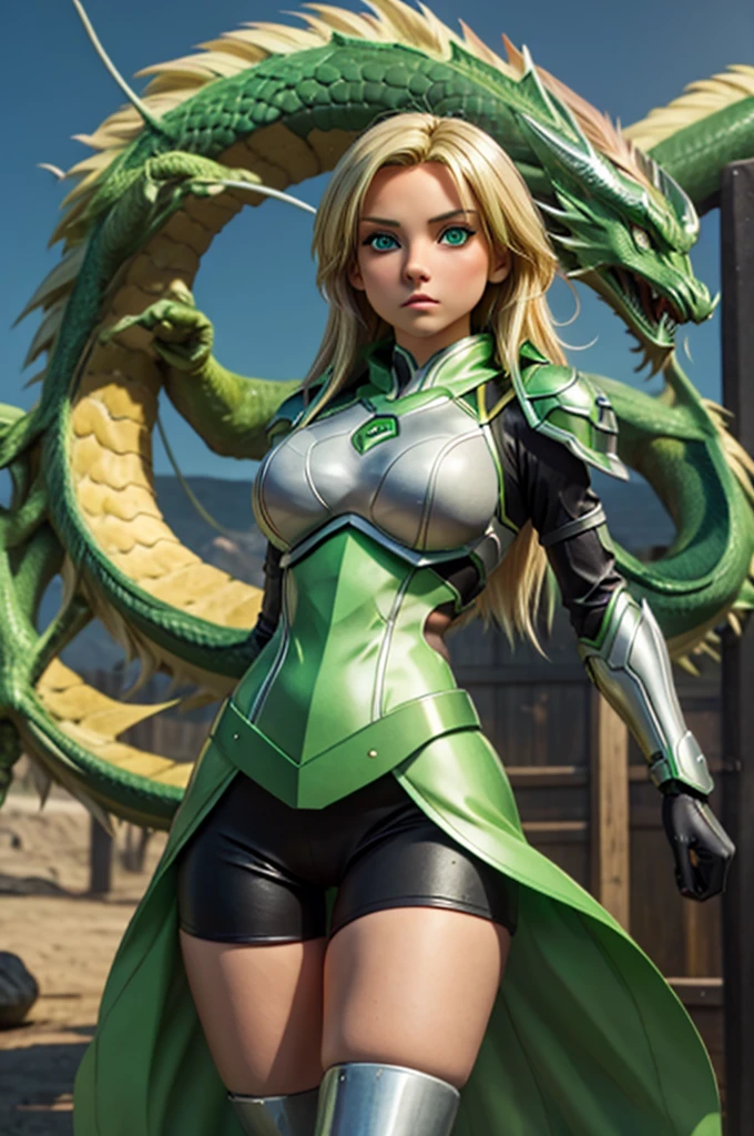 Blonde sexy girl , wearing a green and white hero armor outfit,  electronic futuristic outfit . Dragon in the background