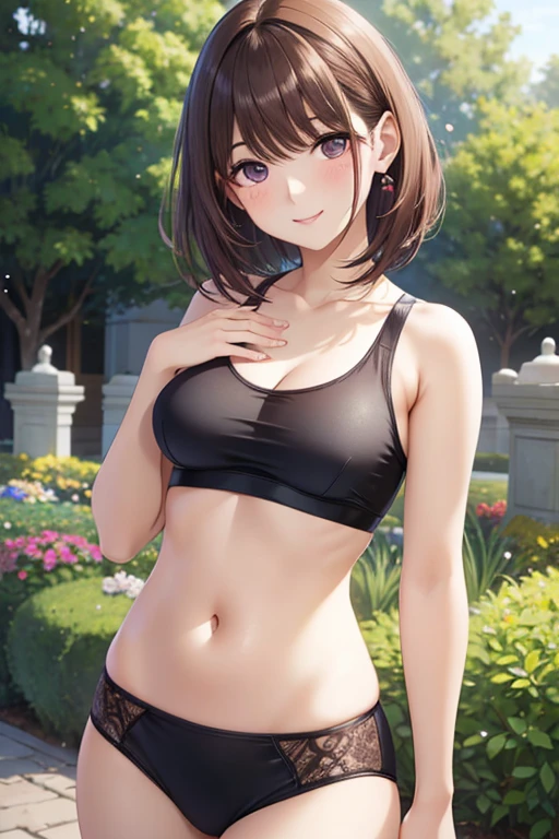 hair, Perfect and exquisite face, Perfect collarbone, Perfect body,Juicy breasts, Perfect Thighs, Beautiful legs, View your audience, 1 person,Perfect Face, (Perfect Anatomy, Anatomically correct), Symmetrical face、((Shiny Hair)),Sexy Body、(masterpiece),(最high quality：1.3),8k,Very clear,(Ultra-realistic),Captivating woman,(high quality, High resolution, The finer details), Woman in realistic style,Juicy breasts、Perfect Woman、Perfect Face、Symmetrical face、Baby Face、((Big breasts))、blush、((Juicy lips))、Cowboy Shot、(((Short brown hair)))、((Large brown eyes with double eyelids、Long eyelashes))、(Red Makeup)、(((small black tank top)))、(((Tight fitting black leggings)))、(Healthy and well-developed body)、((Big tits jk))、(Outdoor、garden)