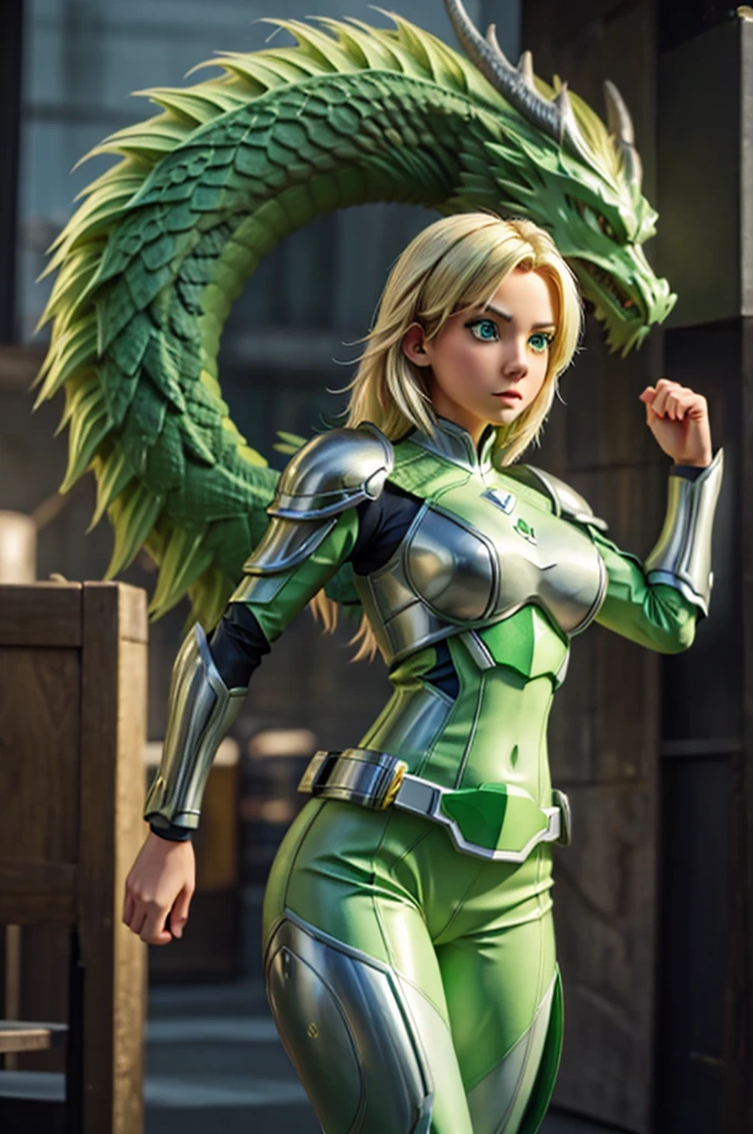 Blonde sexy girl , wearing a green and white hero armor outfit,  electronic futuristic outfit . Dragon in the background