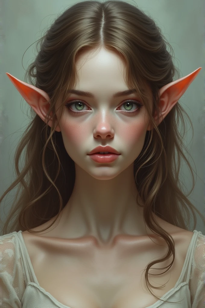 A thin girl 2,
with a long face, big ears, unruly dirty blonde hair and eyes of different colors, one violet and the ofher green, a crooked nose, freckled face, naked, Slender but big tits,looking cute, drooling