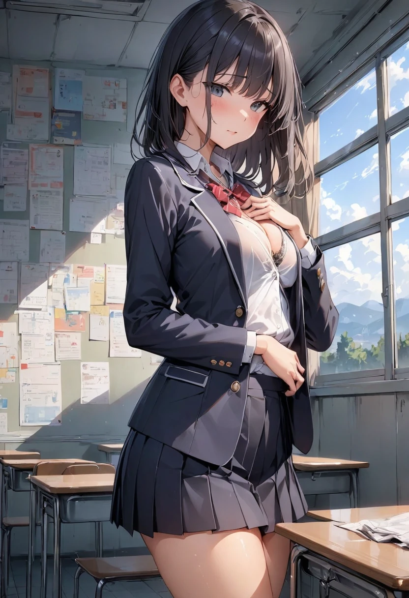 (masterpiece,Best Quality, High Resolution , Detailed Descriptions ,Precise depiction,Accurate depiction),(Girl:1.3,High school girl),Black Hair,(blazer,White blouse, miniskirt,Black tights),( emphasizes the chest,Unbutton your blouse,bra under blouse),( from side:1.3, cowboy shot:1.3),(School,In the classroom),nsfw:1.5