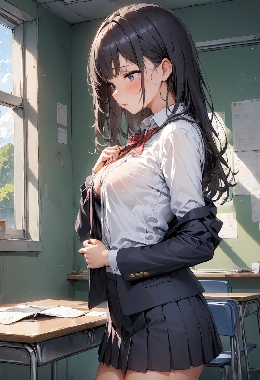 (masterpiece,Best Quality, High Resolution , Detailed Descriptions ,Precise depiction,Accurate depiction),(Girl:1.3,High school girl),Black Hair,(blazer,White blouse, miniskirt,Black tights),( emphasizes the chest,Unbutton your blouse,bra under blouse),( from side:1.3, cowboy shot:1.3),(School,In the classroom),nsfw:1.5