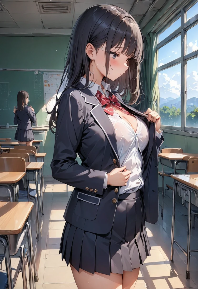 (masterpiece,Best Quality, High Resolution , Detailed Descriptions ,Precise depiction,Accurate depiction),(Girl:1.3,High school girl),Black Hair,(blazer,White blouse, miniskirt,Black tights),( emphasizes the chest,Unbutton your blouse,bra under blouse),( from side:1.3, cowboy shot:1.3),(School,In the classroom),nsfw:1.5