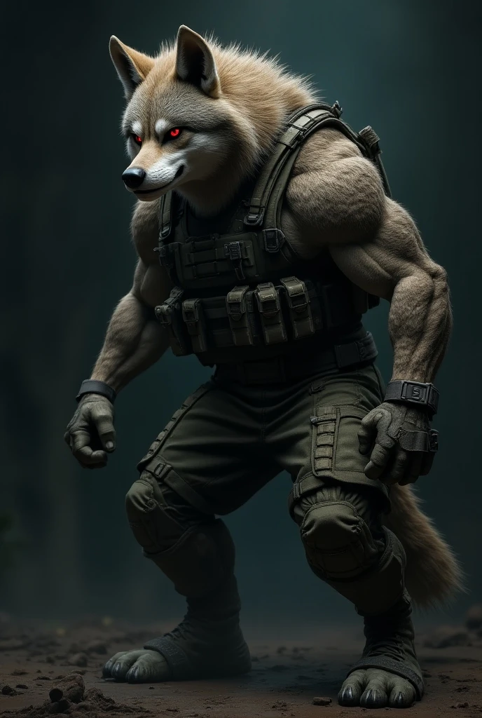 A very strong, imposing werewolf with a strong gaze and muscles wearing military pants in a private club, a little angry, with brown fur, serious