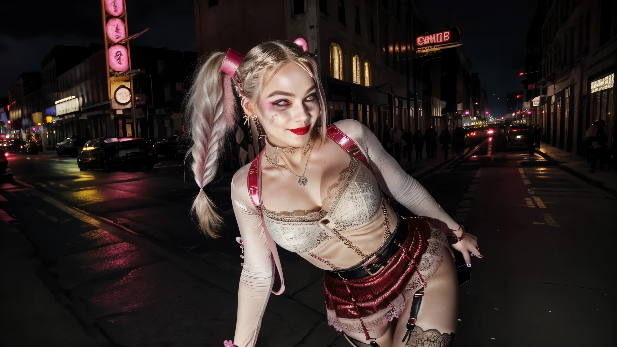 Harley Quinn with big breasts eating ice cream and lingerie and skirt showing her private parts