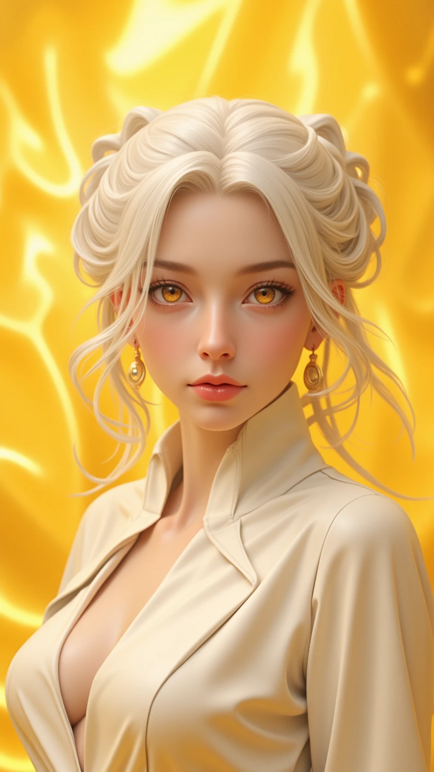 Yellow Background, Beautiful white-haired Russian woman with piercing gold eyes, cleavage, 