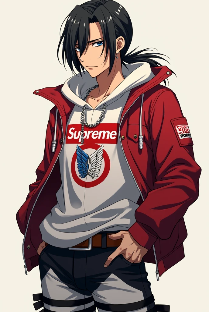 Eren yeager with long(long but not that long kinda mid) tied hair from the anime 'Attack on Titan' season 4 is wearing a supreme drip outfit and sitting with a cool pose