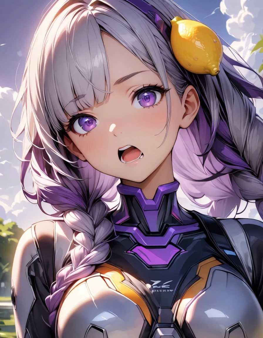 (Best Quality:1.2,  very detailed , high detail,  high contrast , masterpiece:1.2, Best Quality, Best aesthetics), 1 female, Cyber Suit,  sleeves are parted , Shoulder Bare, ((Gray Hair:1.4,  purple bicolor hair , Long hair braided,  white and purple hair accessories:1.2, dark purple bangs :1.1,  Asymmetrical bangs )),  purple eyes, double eyelid, Detailed face,  loose braids , sauce:1.2, Frowning, The face of endurance:1.2, , Front View,  cowboy shots, (((Open your mouth, Lemon bite :1.2, Eat lemons ))), Lush green park, Pond side:1.2,  White Clouds , Wide-angle lens.