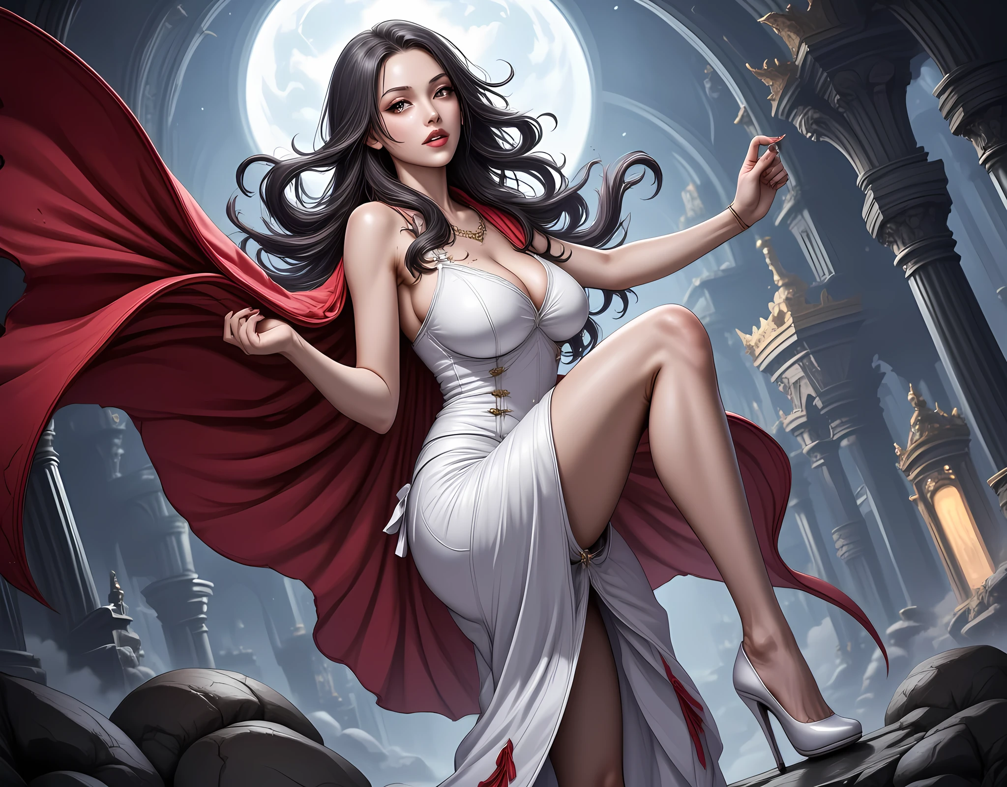 a picture of a vampire bride, a beautiful vampire, long hair, dynamic hair color, dynamic hair style, pale skin, red lips, Best detailed face, Ultra feminine, vampire teeth, glowing eyes, busty, wearing white leather dress, wearing high heels, blood stain on dress, red cloak, best quality, 16k, ultra detailed, masterpiece, best quality, (extremely detailed), dynamic angle, ultra wide shot, photorealistic, RAW, fantasy art, art by mooncryptowow, hyp3rd3tail style