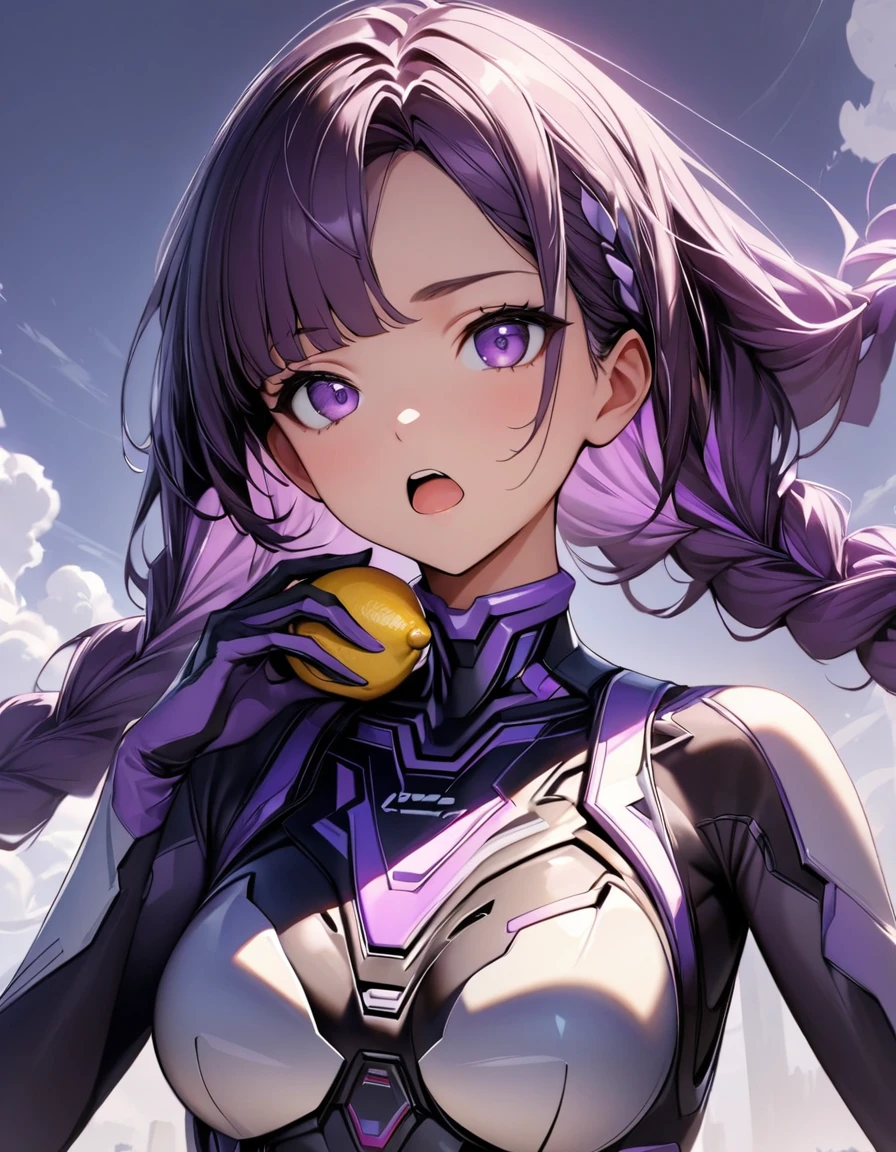 (Best Quality:1.2,  very detailed , high detail,  high contrast , masterpiece:1.2, Best Quality, Best aesthetics), 1 female, Cyber Suit,  sleeves are parted , Shoulder Bare, ((Gray Hair:1.4,  purple bicolor hair , Long hair braided,  white and purple hair accessories:1.2, dark purple bangs :1.1,  Asymmetrical bangs )),  purple eyes, double eyelid, Detailed face,  loose braids , sauce:1.2, Frowning, The face of endurance:1.2, , Front View,  cowboy shots, ((( Open your mouth , Lemon bite :1.2, Eat lemons ))), Lush green park, Pond side:1.2,  White Clouds , Wide-angle lens.