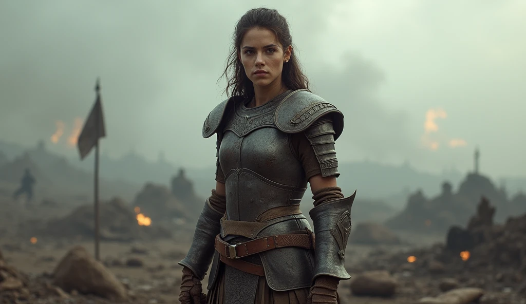 dystopian warrior, apocalyptic, female, stands amidst ruins, armor battered, scars, intricate, background. Shades of grey, muted earth tones, Cinematic photograph, smoke, debris, fire