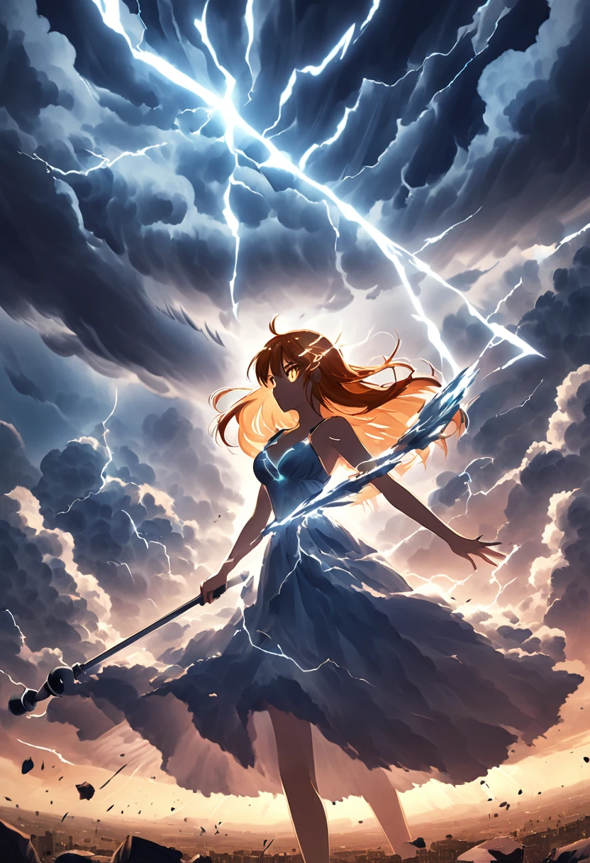 Nami is mid-battle, wielding her Clima-Tact staff with precision and finesse. She stands in a dynamic pose, her orange hair whipping around as she summons a swirling vortex of wind and lightning from the staff. Her eyes are focused, full of determination, as storm clouds gather above, and bolts of lightning crackle through the air. The environment around her reacts to her command of the weather, with leaves and debris caught in the intense whirlwind. Her expression reflects both the intensity of the fight and her strategic brilliance, ready to strike with the full power of her weather manipulation abilities