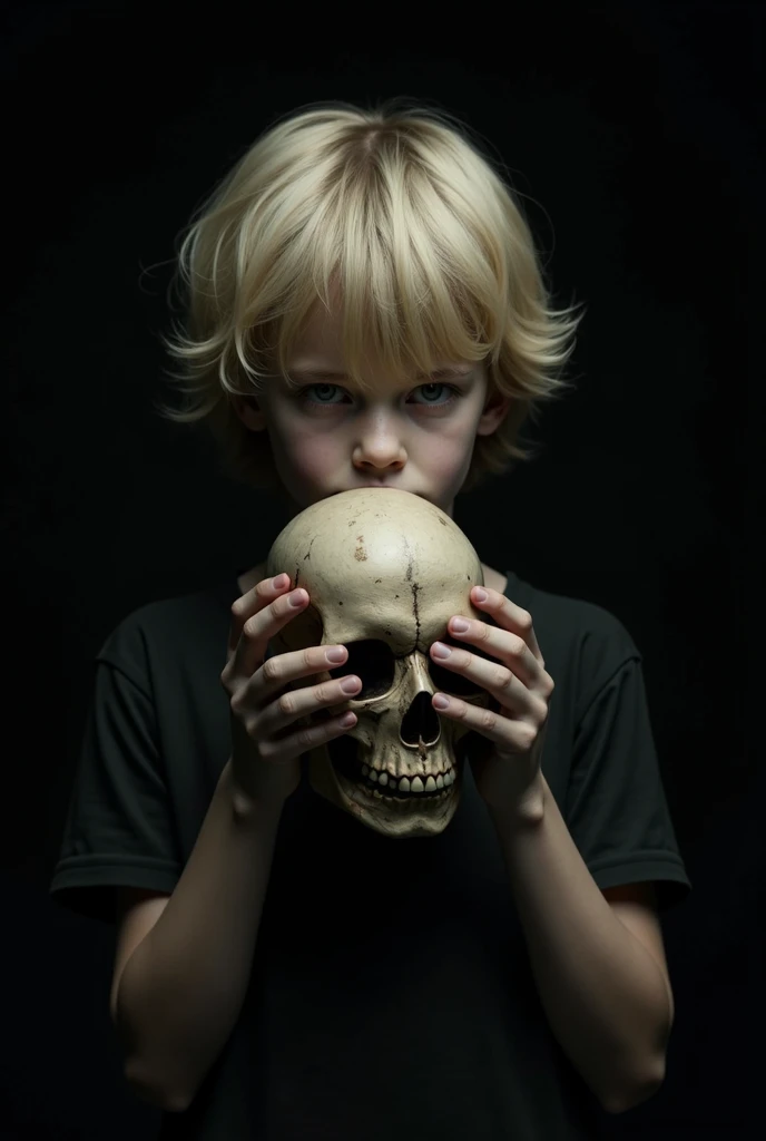 a kid smiling, and carrying a middle age mans head without eyes