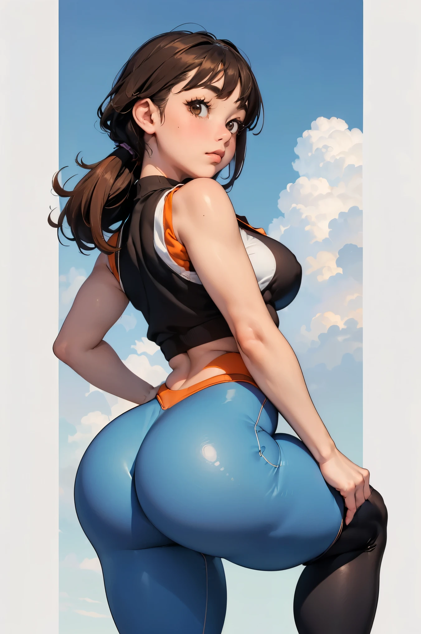 (best lighting) (best quality, masterpiece:1.2), (absurdres), one woman, shy, coy, flirtatious, ((short)), light brown hair tied up, big brown eyes, ((small breasts)), (thick, wide hips), chubby, big butt, ((blue gym leggings, white, backless gym vest)), on hands and knees looking back at the camera (plain white and orange background)