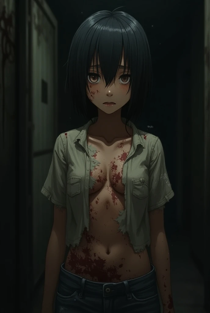 anime girl, big breasts, beaten, short hair, suffering