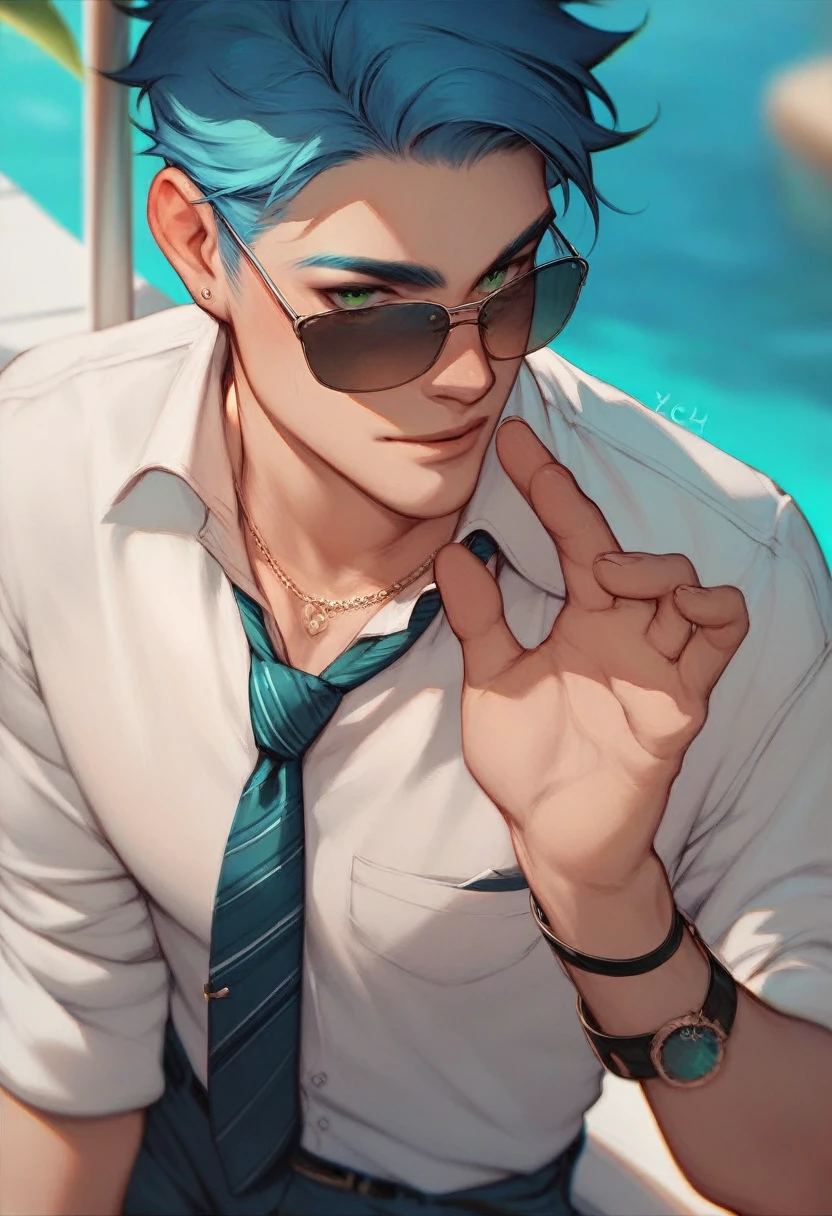  A man with smooth blue hair , wearing sunglasses,  he is naked with a tie around his neck . He takes a sensual pose ,  lowering his glasses and revealing his green eyes. your penis is flaccid and small.