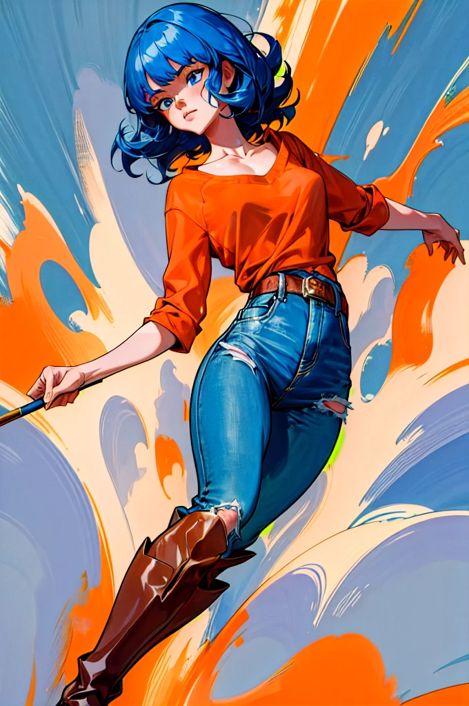 ( masterpiece , best quality , 8K, ), tomonorikogawa, cinematic light , 1 girl , Inciting composition, from below , dynamic pose , blue eyes , blue medium hair, gross lips , collarbone , bangs , orange shirt , ripped jeans , ankle boots, closed mouth , oil painting , abstract background , brush strokes