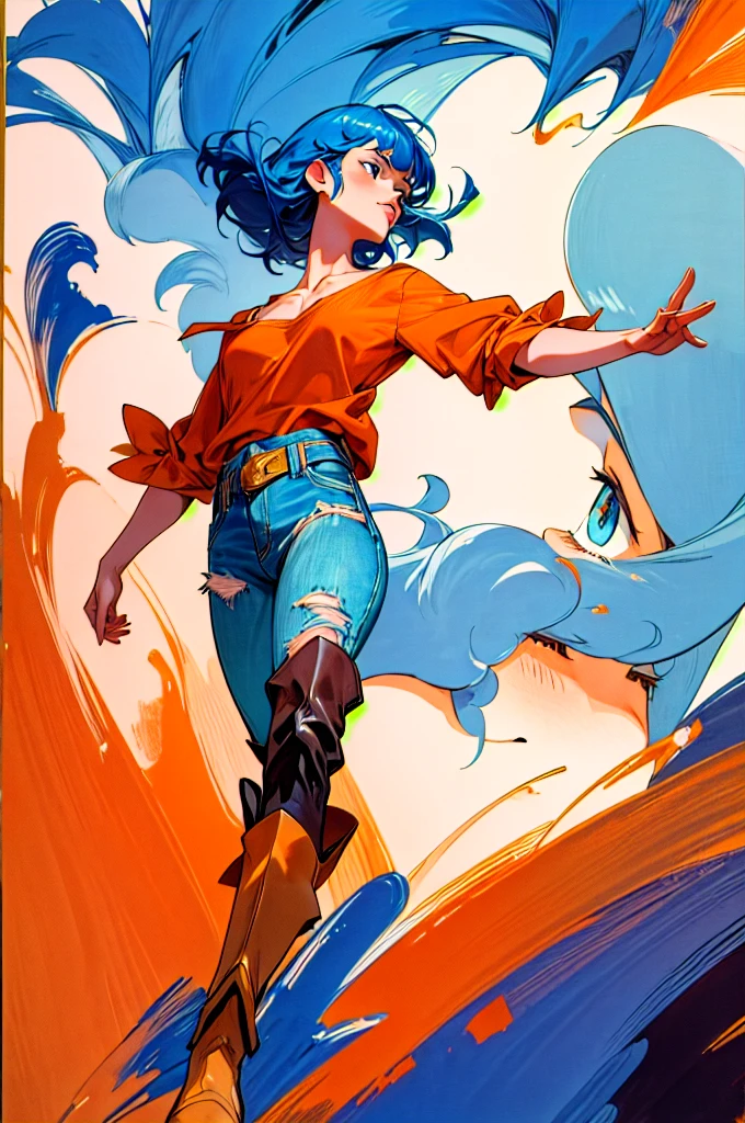 ( masterpiece , best quality , 8K, ), tomonorikogawa, cinematic light , 1 girl , Inciting composition, from below , dynamic pose , blue eyes , blue medium hair, gross lips , collarbone , bangs , orange shirt , ripped jeans , ankle boots, closed mouth , oil painting , abstract background , brush strokes