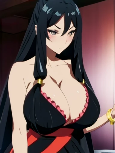 Cute Chibi  , long black hair , dark makeup, sexy and elegant,  huge boobs and perfect detailed slender body 