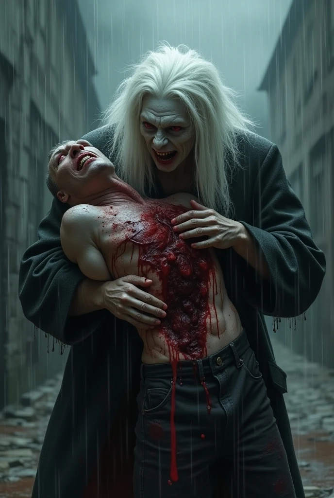 Half naked zombie prostitute galloping on old man