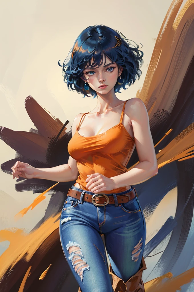 ( masterpiece , best quality , 8K, ) tomonorikogawa, cinematic light , 1 girl , Inciting composition, from below , dynamic pose , upper body, blue eyes , black medium hair, gross lips , collarbone , bangs , orange shirt , jeans , ankle boots, closed mouth , oil painting , abstract background , brush strokes