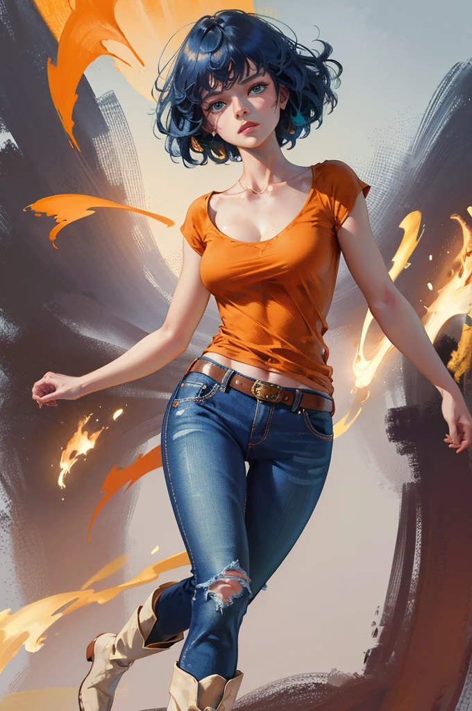 ( masterpiece , best quality , 8K, ) tomonorikogawa, cinematic light , 1 girl , Inciting composition, from below , dynamic pose , upper body, blue eyes , black medium hair, gross lips , collarbone , bangs , orange shirt , jeans , ankle boots, closed mouth , oil painting , abstract background , brush strokes