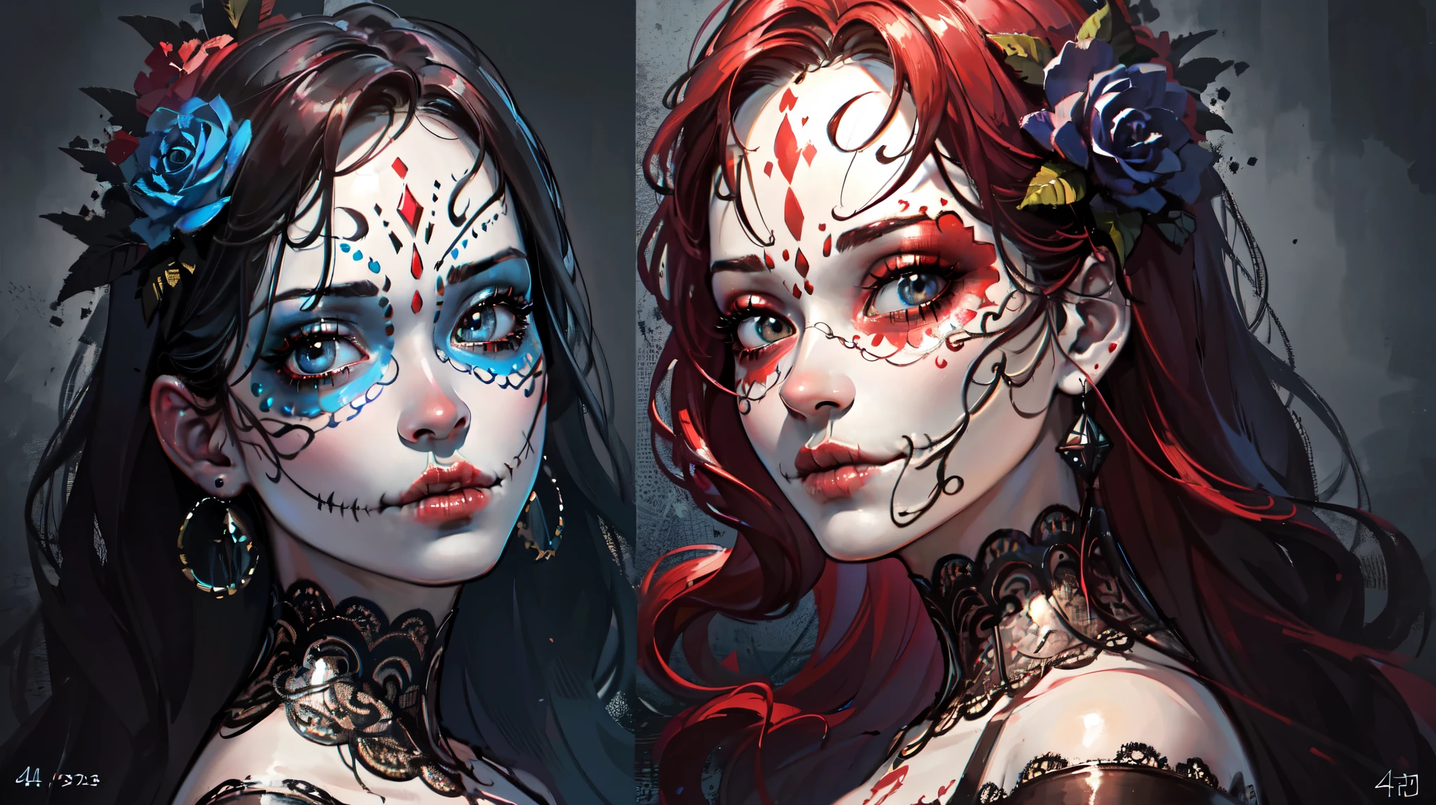 A beautiful Catrina with intricate face paint, long red hair, wearing an elegant black dress, set against a color ful, CatrinaMakeUp, vibrant background, (best quality,4k,8k,highres,masterpiece:1.2),ultra-detailed,(realistic,photorealistic,photo-realistic:1.37),detailed facial features,extremely detailed eyes and face,longeyelashes,beautiful detailed lips,detailed lace dress,renaissance,chiaroscuro lighting,dramatic shadows,saturated colors,dramatic composition,cinematic,elegant,moody