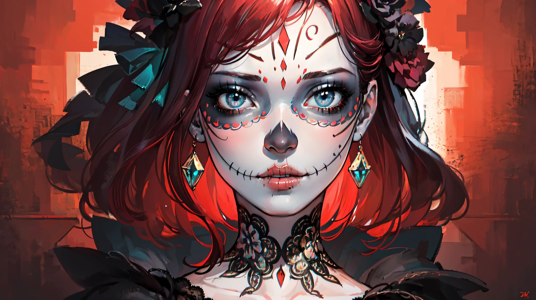 A beautiful Catrina with intricate face paint, long red hair, wearing an elegant black dress, set against a color ful, CatrinaMakeUp, vibrant background, (best quality,4k,8k,highres,masterpiece:1.2),ultra-detailed,(realistic,photorealistic,photo-realistic:1.37),detailed facial features,extremely detailed eyes and face,longeyelashes,beautiful detailed lips,detailed lace dress,renaissance,chiaroscuro lighting,dramatic shadows,saturated colors,dramatic composition,cinematic,elegant,moody