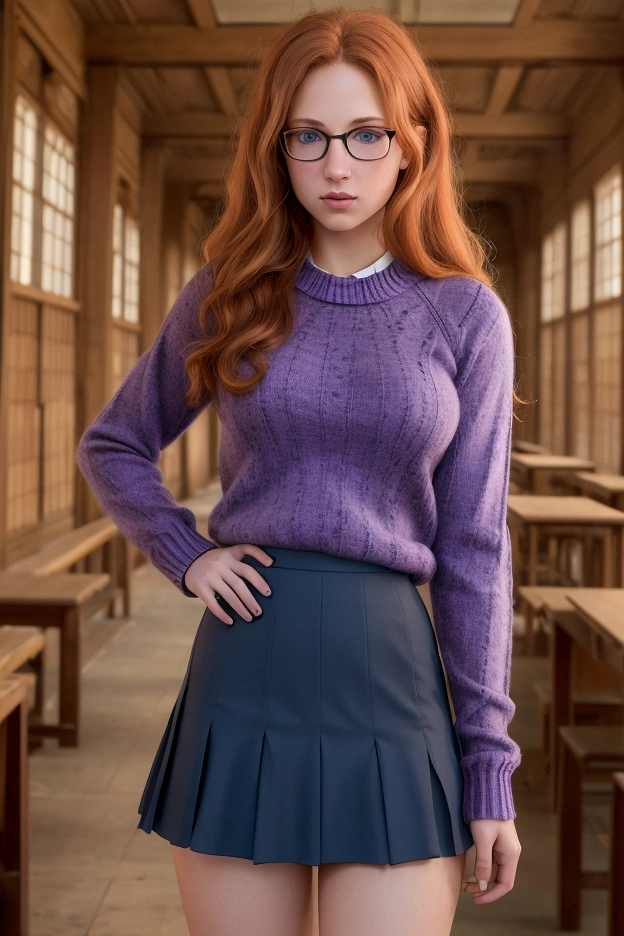 An extremely detailed and perfect 8k image. Photography of (Annie Leibovitz) of a teen, green eyes, redhead,  ( perfectly detailed face ), ((nerd)), ((cuerpo perfecto)), has big boobs,  narrow waist and nice hips  . She is wearing a ((school skirt, purple)) and a ((wool sweater, blue)).   She is standing in the middle of an old and quiet library , all made of wood ,  She is very pretty and sexy ., She has a (glare).