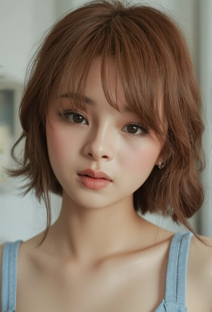 (8K, highest quality, masterpiece:1.2), (realistic, realistic:1.3), Super detailed, ((1 girl)), cute, alone, (smile), (closed mouth), big, beautiful and fine eyes, (short hair: 1.2), bob hair, (Upper body), front, very delicate and beautiful, wonderful, small details, masterpiece, Super detailed, High resolution, best shadows, blue tops, See who is watching