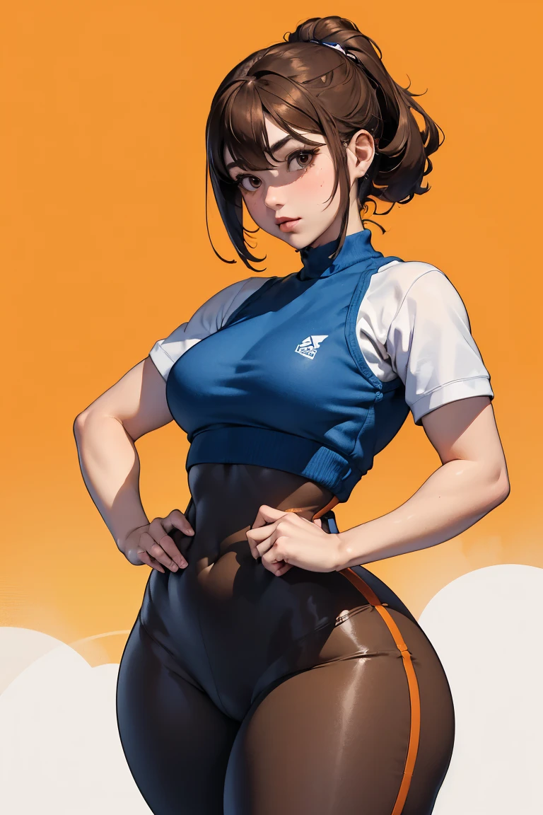 (best lighting) (best quality, masterpiece:1.2), (absurdres), one woman, shy, coy, flirtatious, short height, light brown hair tied up, big brown eyes, ((small breasts)), (thick, wide hips), chubby, big butt, blue gym leggings, white gym vest, (plain white and orange background)