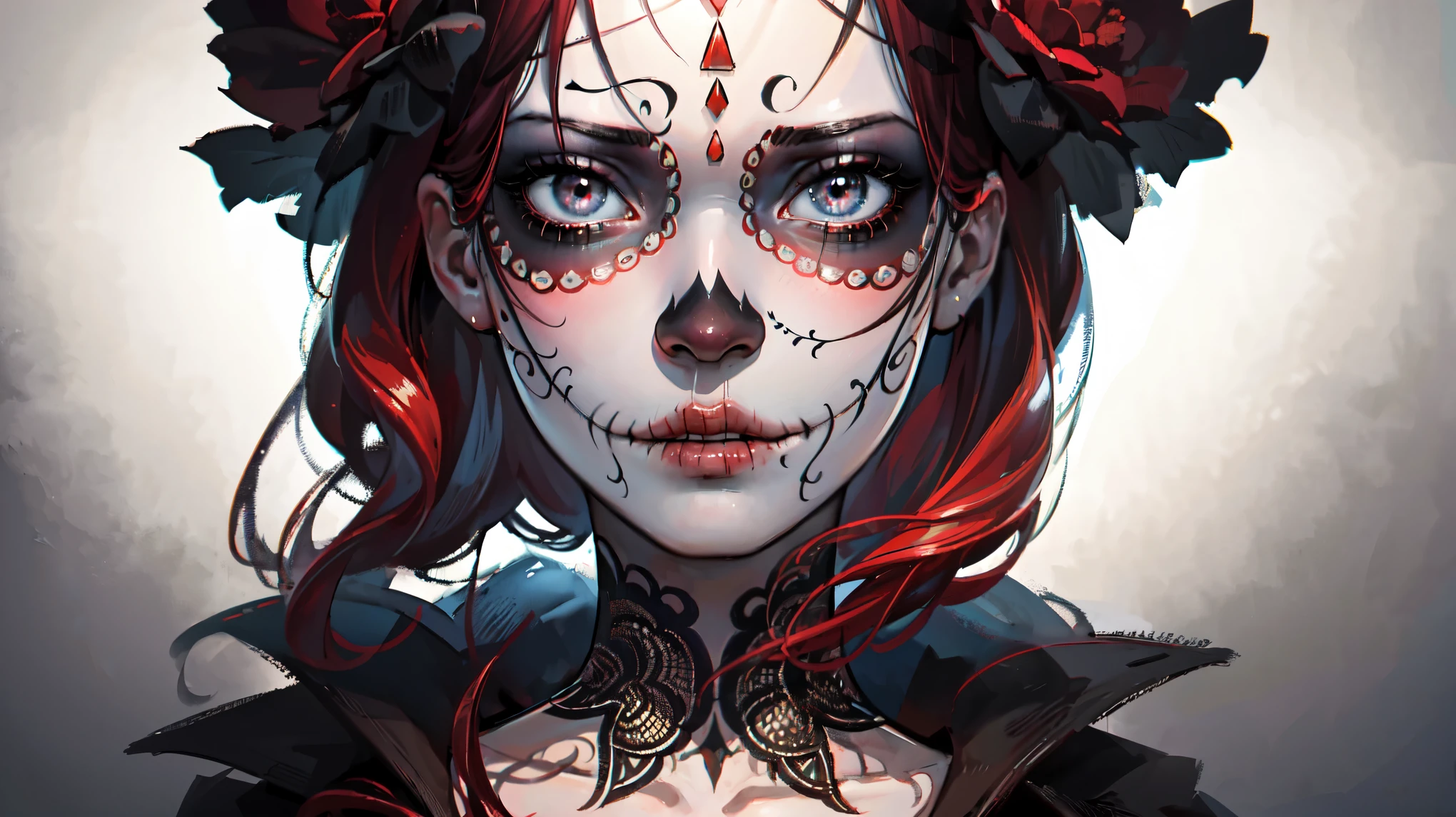 A beautiful Catrina with intricate face paint, long red hair, wearing an elegant black dress, set against a color ful, CatrinaMakeUp, vibrant background, (best quality,4k,8k,highres,masterpiece:1.2),ultra-detailed,(realistic,photorealistic,photo-realistic:1.37),detailed facial features,extremely detailed eyes and face,longeyelashes,beautiful detailed lips,detailed lace dress,renaissance,chiaroscuro lighting,dramatic shadows,saturated colors,dramatic composition,cinematic,elegant,moody