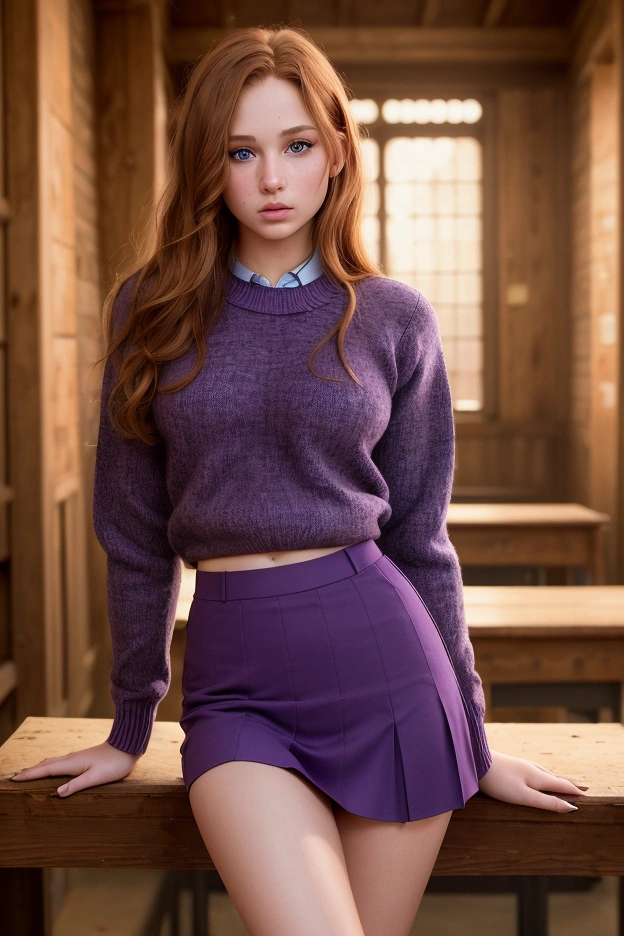  An extremely detailed and perfect 8k image . Photography by (Annie Leibovitz) of a teenager , green eyes, redhead,  (  perfectly detailed face  ), ((nerd)), ((cuerpo perfecto)), has big ,   narrow waist and nice hips   . She is wearing a ((school skirt, purple)) and a ((wool sweater, blue)).    She's standing in the middle of an old, quiet library , all made of wood  ,   She is very pretty and sexy  ., She has a (glare).