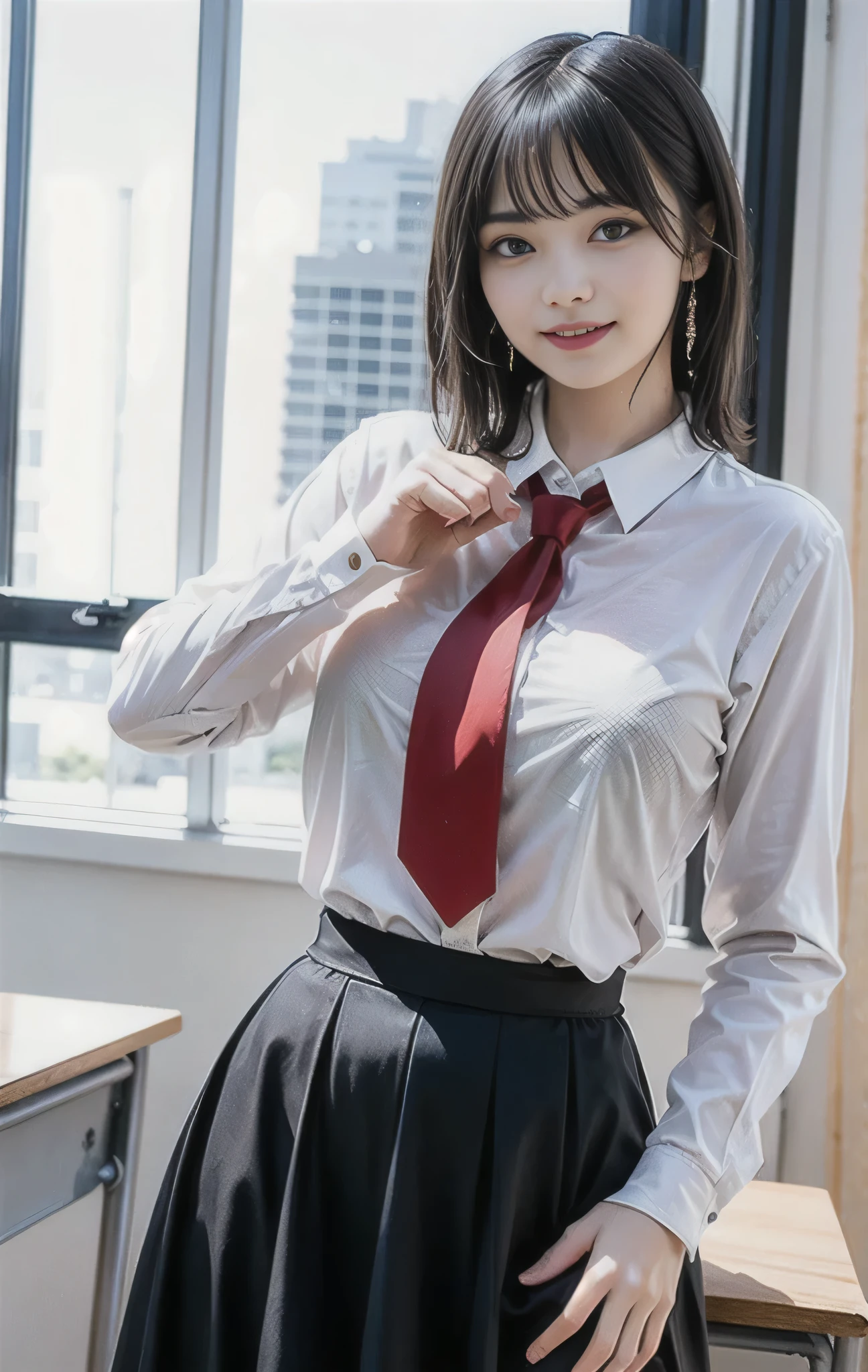 ((Nipples visible through white shirt)), 1 girl, skirt_lifted, No panties, Female public hair,, NSFW, (Nude:1.3),, see-through, blue_eyes, blue_necktie, blue_skirt, (without bra), bra_visible_through_clothes, breasts, brown_hair, clothes_lift, cowboy_shot, lifted_by_self, lips, long_hair, looking_at_viewer, medium_breasts, smile, solo, wet, wet_clothes, wet_hair, wet_shirt, white_shirt, wringing_clothes, classroom, ( Urzan-6500-v1.1: 1),