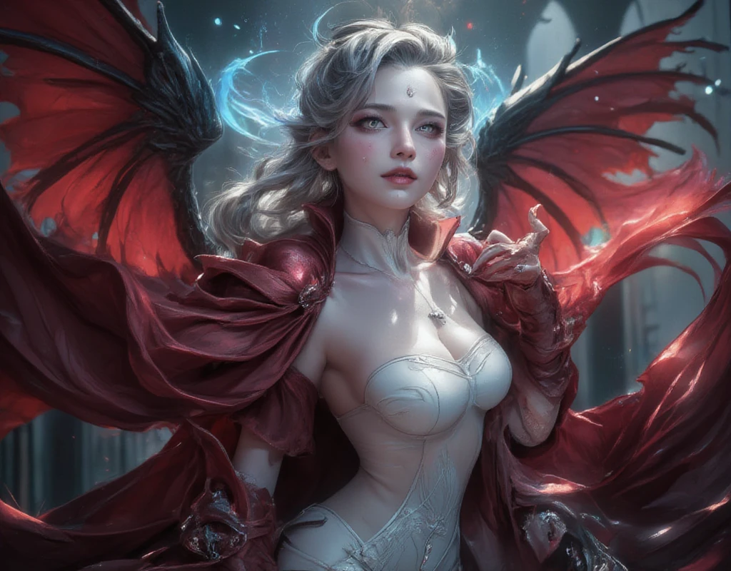 a picture of a vampire bride, a beautiful vampire, long hair, dynamic hair color, dynamic hair style, pale skin, red lips, Best detailed face, Ultra feminine, vampire teeth, glowing eyes, busty, wearing white leather dress, wearing high heels, blood stain on dress, red cloak, best quality, 16k, ultra detailed, masterpiece, best quality, (extremely detailed), dynamic angle, ultra wide shot, photorealistic, RAW, fantasy art, art by mooncryptowow, hyp3rd3tail style