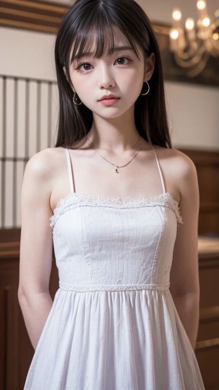 masutepiece, Best Quality, One girl, (Beautiful Girl:1.3), (16 years old:1.2), Very fine eye definition, (Symmetrical eyes:1.3), NSFW, (cute little、Highly detailed mini dress with open neckline、With net-like slits:1.3), Beautiful breasts, Brown eyes, Parted bangs, Brown hair, Upper teeth、background outdoor blur、chain＆rock choker、sitting in a bench、Show white panties
